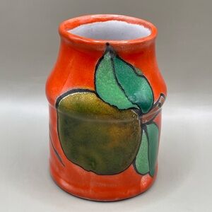 Vintage Mexico Handmade Artist Signed Bud 3.4” Vase Fruit Apple Leaves Ceramic